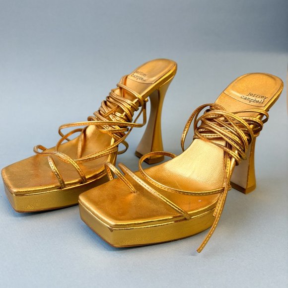 Jeffrey Campbell Metallic Gold Wrap Tie Sandal Platform Heels, 8 - Picture 2 of 10